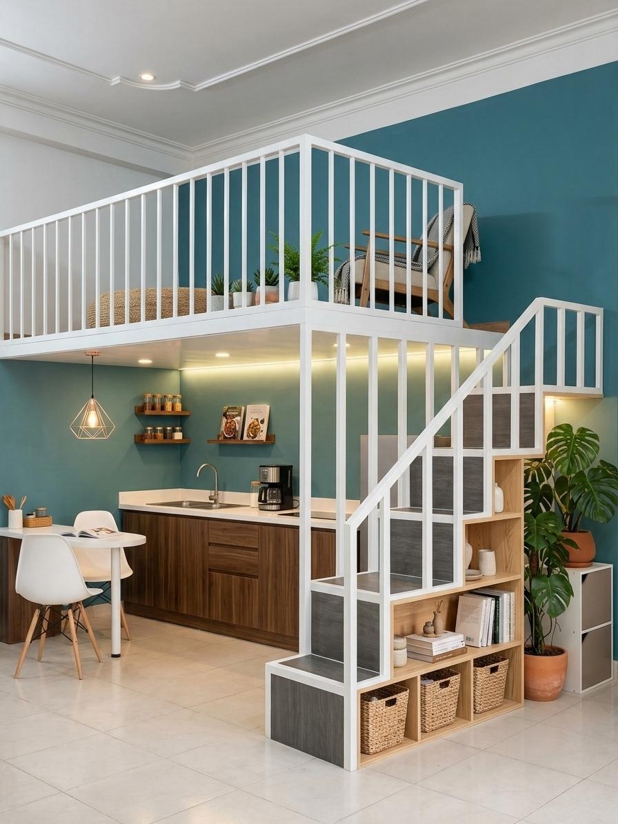 Gác ngủ kết hợp bếp và cầu thang kệ