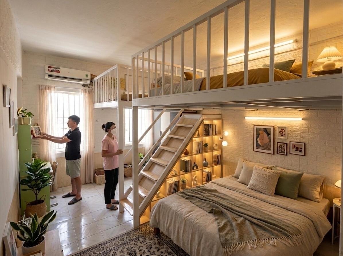 Gác xép kết hợp cầu thang tủ kệ — góc nhìn bổ sung 1