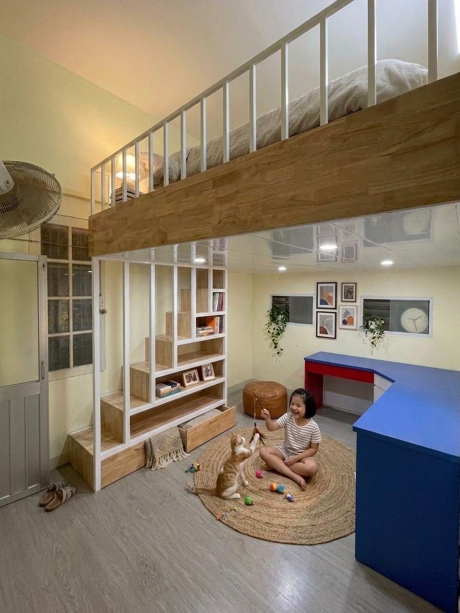 Gác xép kết hợp cầu thang tủ kệ — góc nhìn bổ sung 4