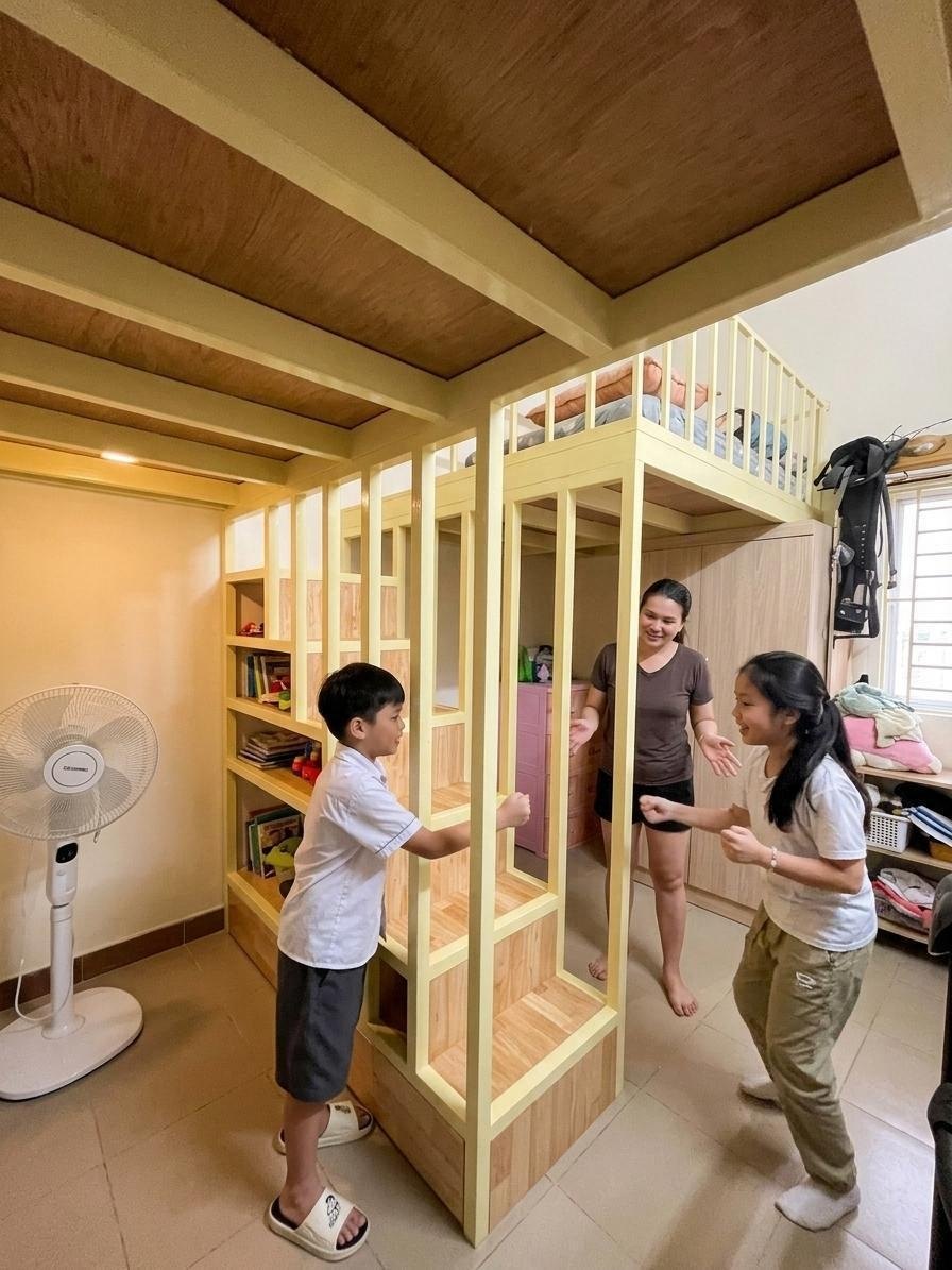 Gác xép kết hợp cầu thang tủ kệ — góc nhìn bổ sung 6