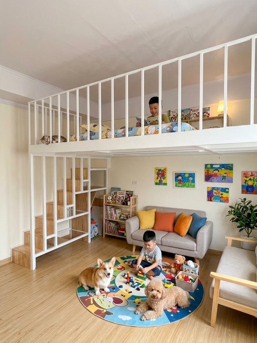 Gác xép kết hợp cầu thang tủ kệ — góc nhìn bổ sung 11
